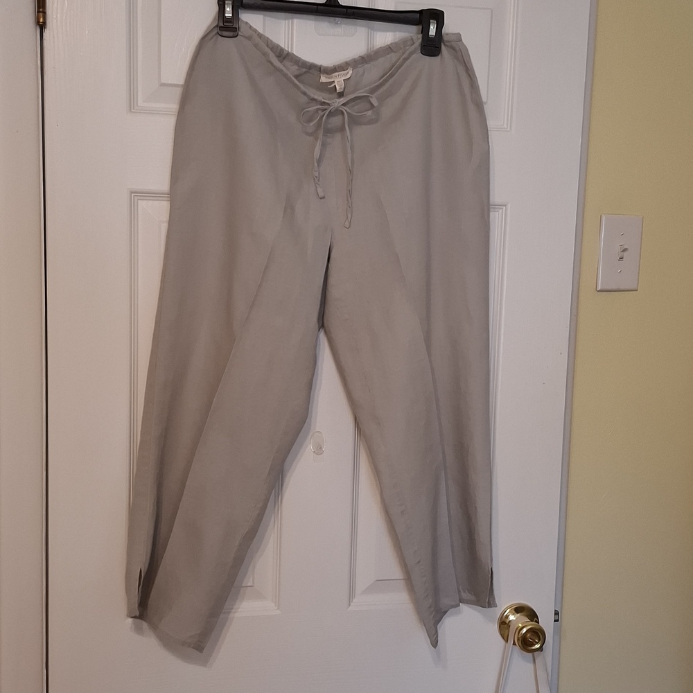 Eileen Fisher sz PS, Irish linen, pale gray, drawstring crop pants. slit sides.